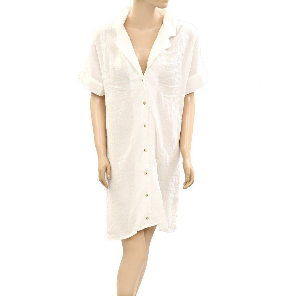 By Anthropologie Cutout Buttondown Mini Dress Short Sleeve White S New 278343